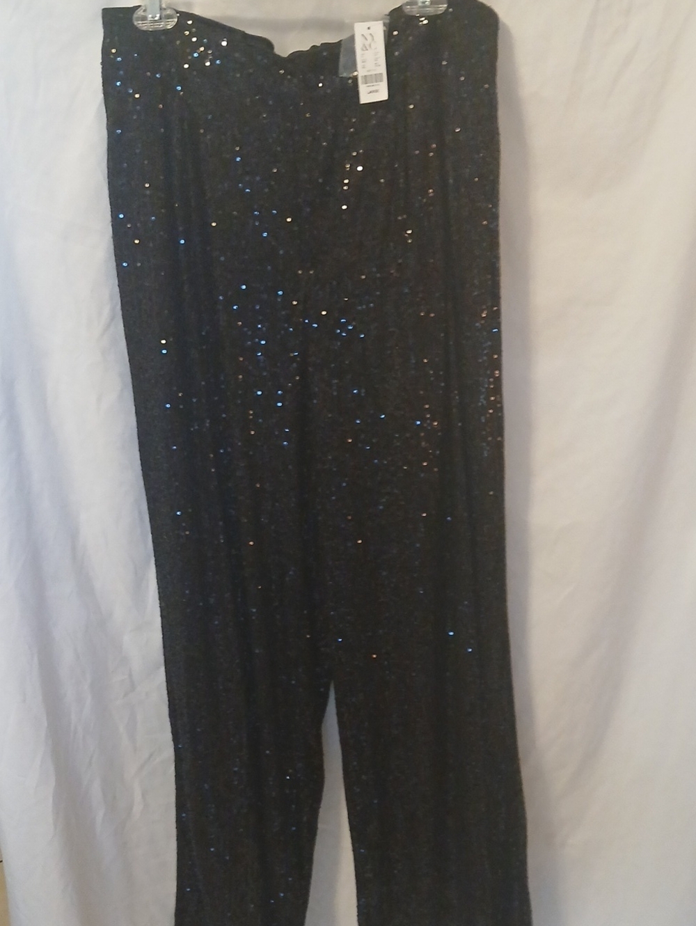 NYC Sparkly Fullt Sequin Black Wide-Leg Pants, Zipper Front And Button